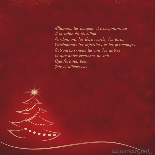 Carte de Noël rouge avec sapin de Noël doré Allumons les bougies et asseyons-nous
À la table d Carte de Noël rouge avec sapin de Noël doré