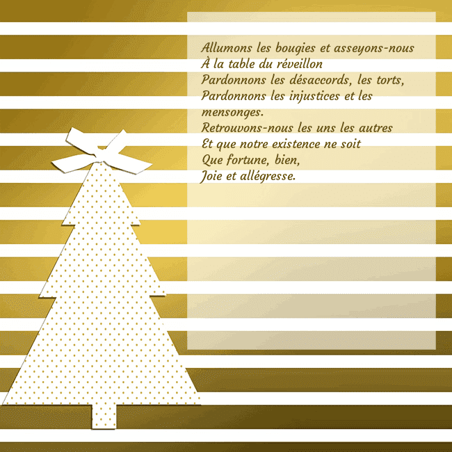 Carte postale étincelante d'or avec sapin de Noël Allumons les bougies et asseyons-nous
À la table d Carte postale étincelante d'or avec sapin de Noël