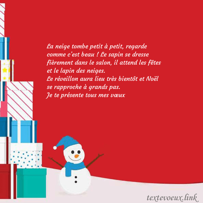 Carte de vœux avec bonhomme de neige et cadeaux La neige tombe petit à petit, regarde comme c’est Carte de vœux avec bonhomme de neige et cadeaux