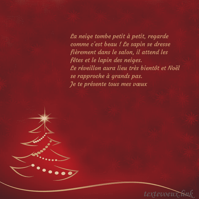 Carte de Noël rouge avec sapin de Noël doré La neige tombe petit à petit, regarde comme c’est Carte de Noël rouge avec sapin de Noël doré