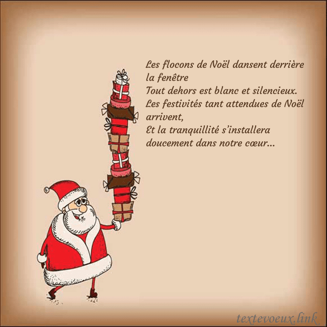 Carte de vœux avec le Père Noël et les cadeaux Les flocons de Noël dansent derrière la fenêtre
To Carte de vœux avec le Père Noël et les cadeaux