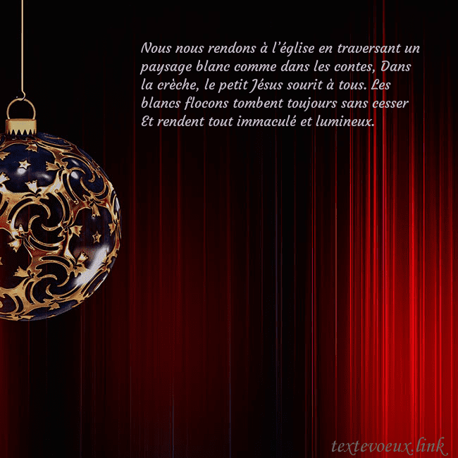 Carte de Noël rouge avec un luxueux jouet d'arbre de Noël Nous nous rendons à l’église en traversant un pays Carte de Noël rouge avec un luxueux jouet d'arbre de Noël