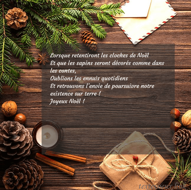 Carte de Noël avec pommes de pin et branche de sapin Lorsque retentiront les cloches de Noël
Et que les Carte de Noël avec pommes de pin et branche de sapin