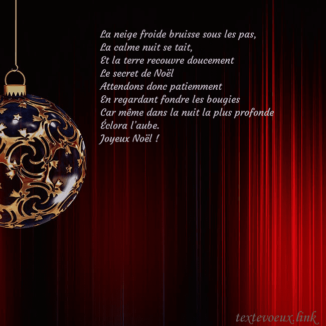 Carte de Noël rouge avec un luxueux jouet d'arbre de Noël La neige froide bruisse sous les pas,
La calme nui Carte de Noël rouge avec un luxueux jouet d'arbre de Noël