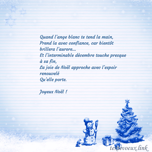 Carte postale du Nouvel An avec un arbre de Noël bleu et un bonhomme de neige Quand l’ange blanc te tend la main,
Prend la avec Carte postale du Nouvel An avec un arbre de Noël bleu et un bonhomme de neige