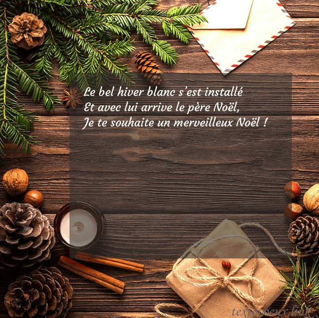 Carte de Noël avec pommes de pin et branche de sapin Le bel hiver blanc s’est installé
Et avec lui arri Carte de Noël avec pommes de pin et branche de sapin