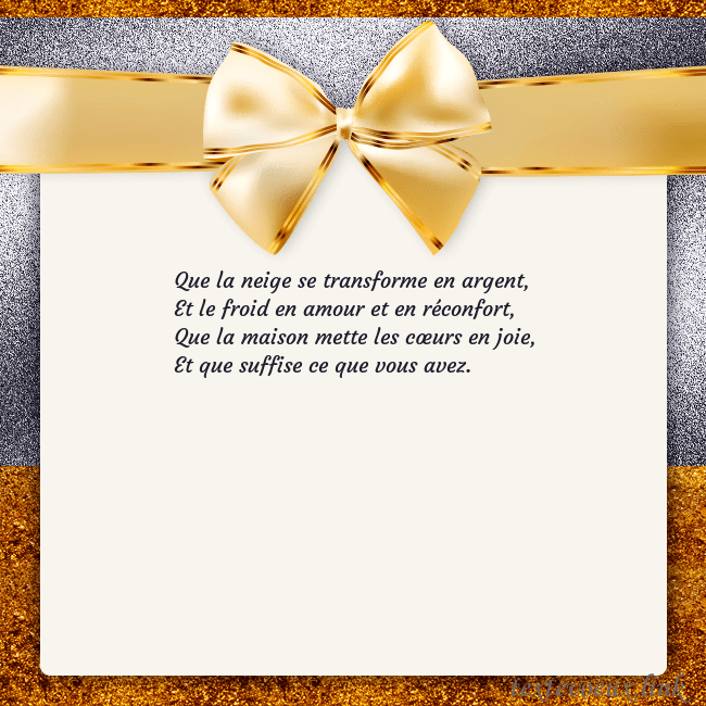 Cartes de vœux avec un grand ruban d'or Que la neige se transforme en argent,
Et le froid Cartes de vœux avec un grand ruban d'or