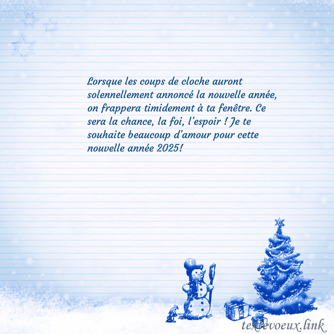 Carte postale du Nouvel An avec un arbre de Noël bleu et un bonhomme de neige