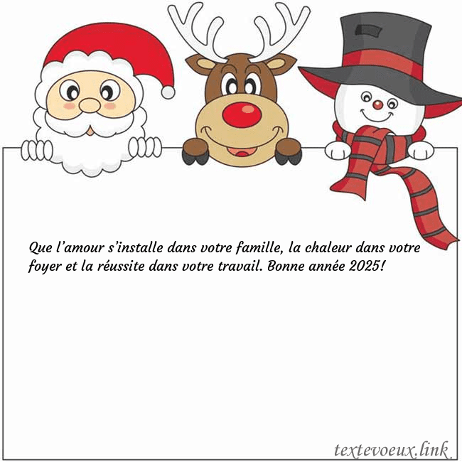 Carte de vœux avec le père Noël, le cerf et le bonhomme de neige