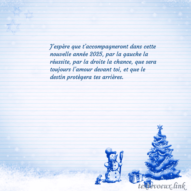 Carte postale du Nouvel An avec un arbre de Noël bleu et un bonhomme de neige J’espère que t’accompagneront dans cette nouvelle Carte postale du Nouvel An avec un arbre de Noël bleu et un bonhomme de neige