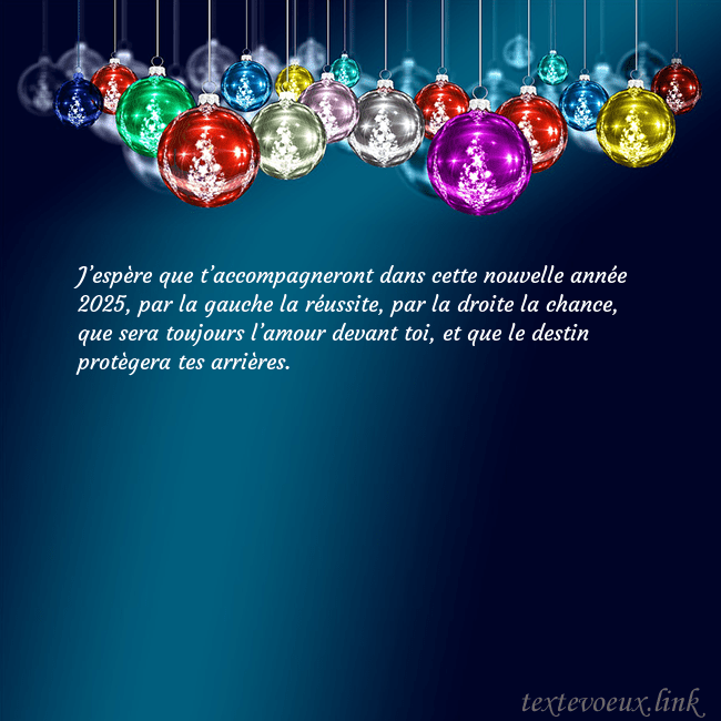 Carte postale bleue avec des jouets d'arbre de Noël J’espère que t’accompagneront dans cette nouvelle Carte postale bleue avec des jouets d'arbre de Noël