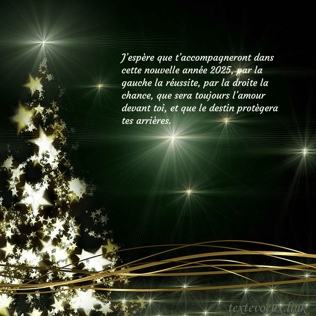 Une carte de Noël verte avec un sapin de Noël scintillant d'or J’espère que t’accompagneront dans cette nouvelle Une carte de Noël verte avec un sapin de Noël scintillant d'or