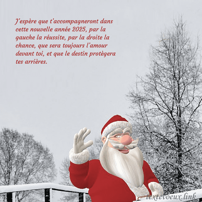 Carte postale avec le Père Noël et les arbres enneigés J’espère que t’accompagneront dans cette nouvelle Carte postale avec le Père Noël et les arbres enneigés