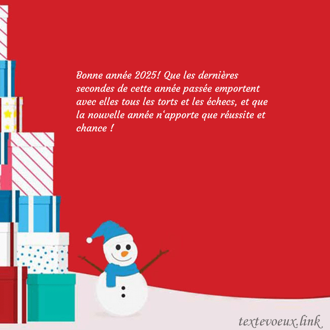 Carte de vœux avec bonhomme de neige et cadeaux