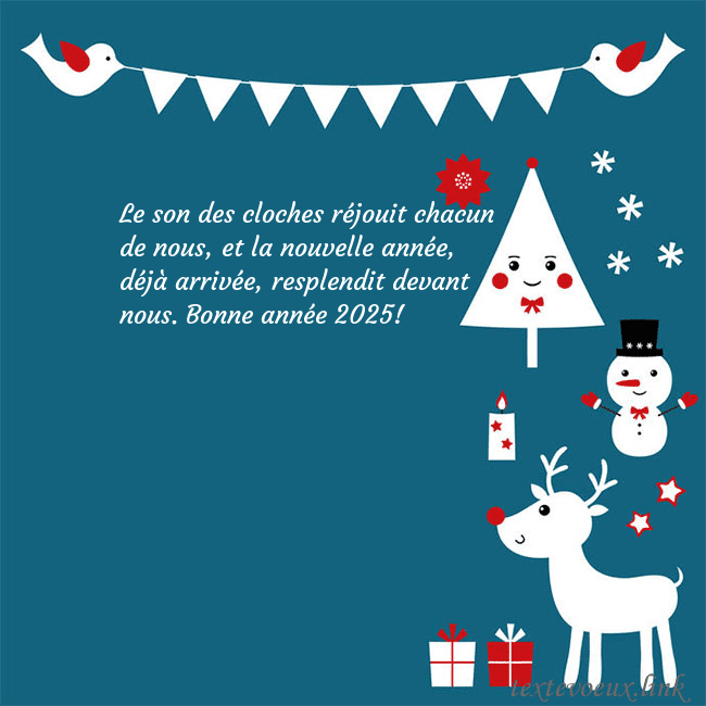 Carte postale du nouvel an avec élan, bonhomme de neige et arbre de Noël