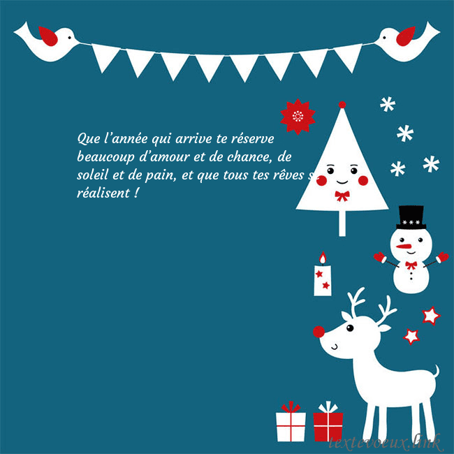 Carte postale du nouvel an avec élan, bonhomme de neige et arbre de Noël