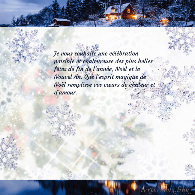 Carte postale avec village et flocons de neige Je vous souhaite une célébration paisible et chale Carte postale avec village et flocons de neige