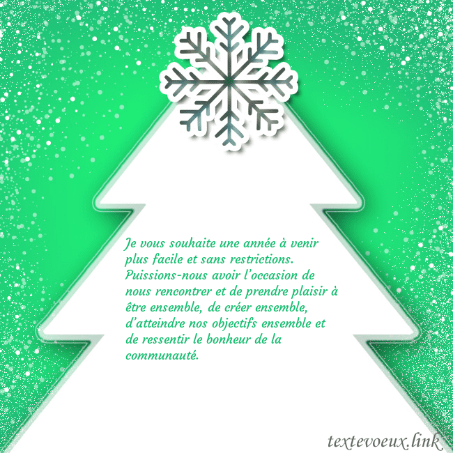Carte postale avec un grand sapin de Noël blanc sur fond vert Je vous souhaite une année à venir plus facile et Carte postale avec un grand sapin de Noël blanc sur fond vert