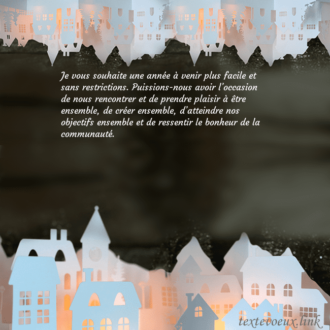 Carte postale du Nouvel An avec une ville rayonnante Je vous souhaite une année à venir plus facile et Carte postale du Nouvel An avec une ville rayonnante