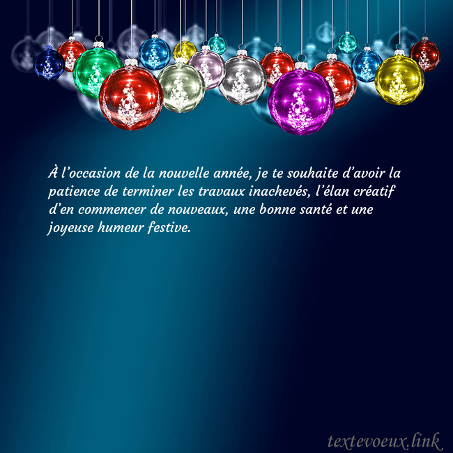 Carte postale bleue avec des jouets d'arbre de Noël À l’occasion de la nouvelle année, je te souhaite Carte postale bleue avec des jouets d'arbre de Noël