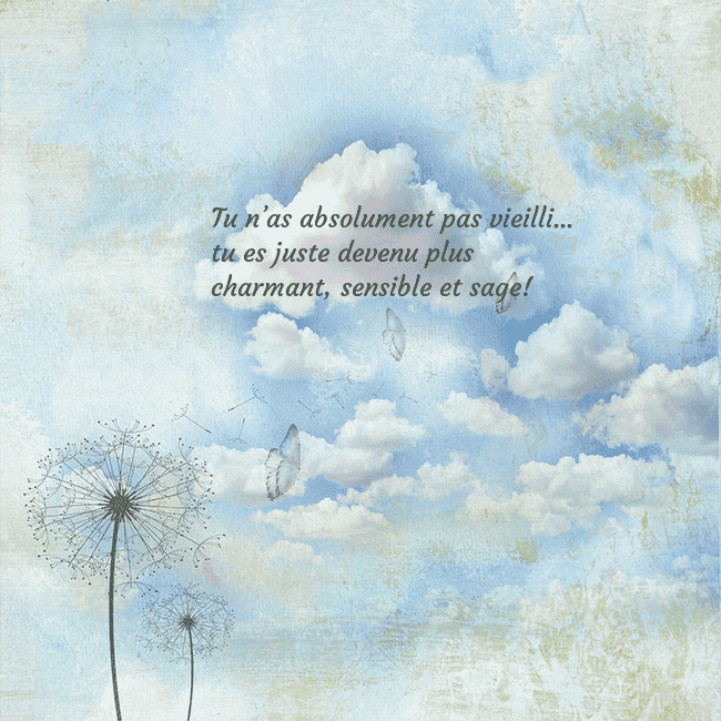 Carte de voeux avec nuages, duvet de pissenlit et papillon