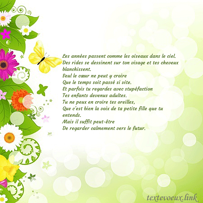 Cartes de vœux avec des fleurs et des papillons colorés Les années passent comme les oiseaux dans le ciel. Cartes de vœux avec des fleurs et des papillons colorés