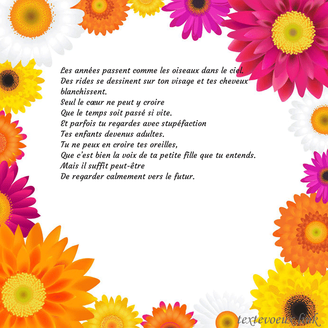 Carte de vœux avec des fleurs colorées Les années passent comme les oiseaux dans le ciel. Carte de vœux avec des fleurs colorées