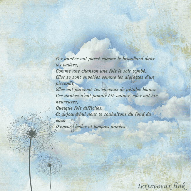 Carte de voeux avec nuages, duvet de pissenlit et papillon Les années ont passé comme le brouillard dans les Carte de voeux avec nuages, duvet de pissenlit et papillon